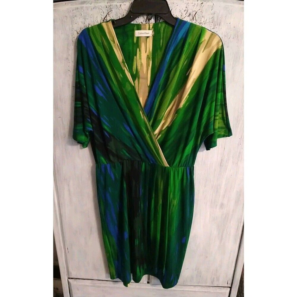 Calvin Klein Knee Vneck Wide Sleeve Dress Sm Artsy Officey Feminine Y2k